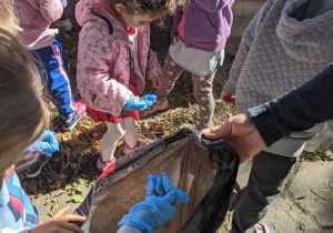 Sprzątanie Świata. Zdjęcie przedstawia dzieci porządkujące teren ogrodu przedszkolnego